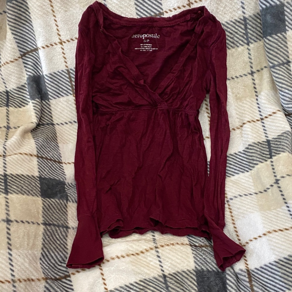 Aeropostale Women's Deep Wine Long-Sleeve V-Neck Top